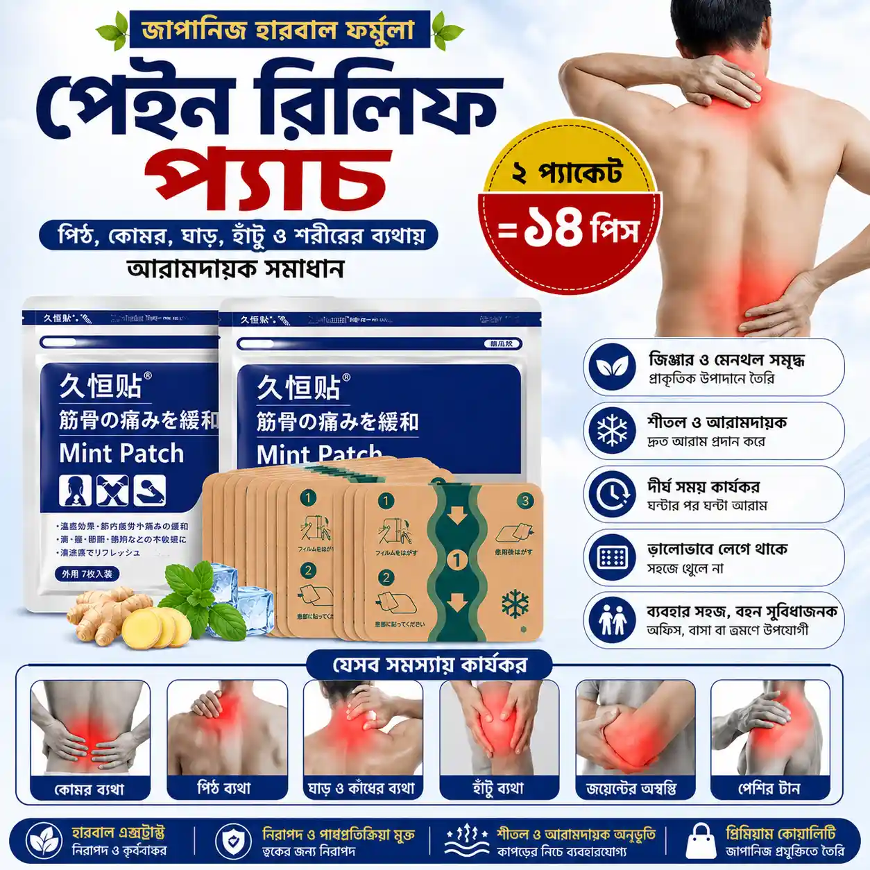 (২ প্যাকেট=১৪ পিস)Japanese Back Pain Relief Patches – পিঠ, কোমর ও শরীরের ব্যথা উপশমে কার্যকর সমাধান